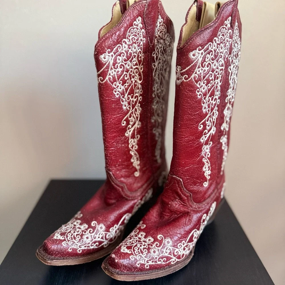 Corral Red Embroidered Western Boots Tall Leather Cowgirl Boots Size 7.5M NWOT - Picture 7 of 15